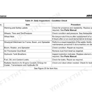 Hyster RS45-27CH, RS45-31CH maintenance table 21 covering daily inspection procedures for tires, boom, and cooling systems.