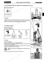 hyster-s1-0c-s1-2c-s1-5c-forklift-service-manual-1626965-procedures-27.webp Hyster S1.0C, S1.2C, S1.5C service manual page showing procedures for unloading and lifting the forklift truck with a hoist.