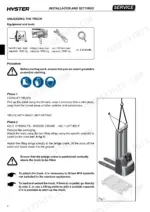 Hyster S1.0E, S1.2E, S2.4HBE unloading procedure, equipment requirements, and mast lifting diagram with eyebolts.