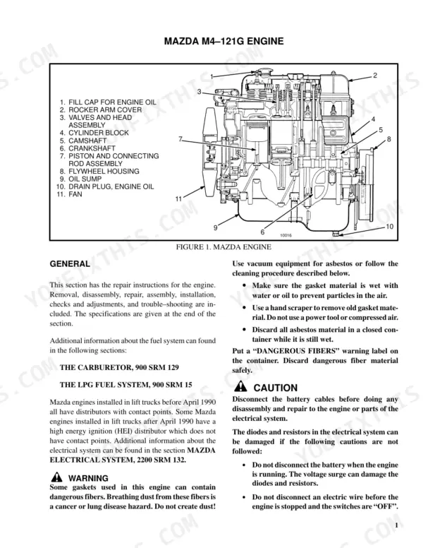 hyster-s1-25xl-variants-lift-truck-repair-manual-1300-srm-255-exploded-view-10.webp Hyster S1.25XL-H35XL Mazda M4-121G engine diagram showing components like cylinder block, crankshaft, and rocker arm cover.