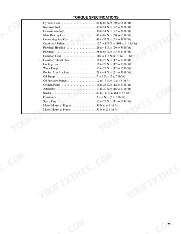 Hyster S1.25XL-H35XL torque specifications table for engine components like cylinder head, flywheel, and motor mounts.
