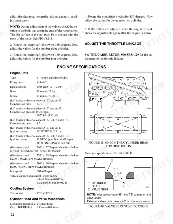 Hyster S1.25XL-H35XL engine specifications, valve adjustment procedures, cylinder head distortion check, and valve seat diagrams.
