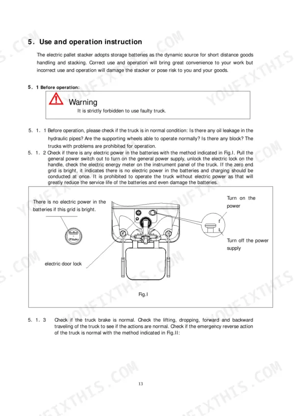 hyster-s1-5-uts-ss1-5r-ut-electric-platform-truck-operator-manual-4245859-operations-16.webp Hyster S1.5-UTS, SS1.5R-UT, A3B3, A3B7 operation instructions, pre-operation checks, and battery power indicator diagram.