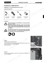 hyster-s2-4hbe-stacker-truck-service-manual-1619008-procedures-27.webp Hyster S2.4HBE hydraulic pressure relief valve removal procedure, tools list, and motor compartment cover removal steps.