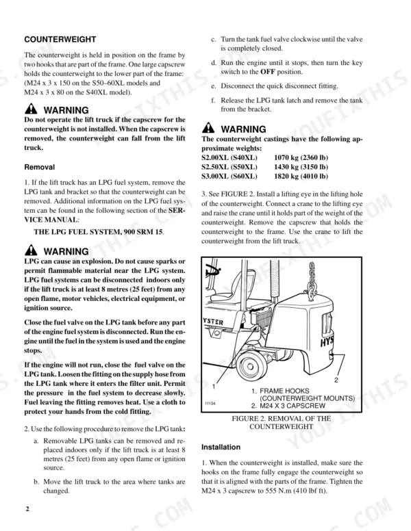 Hyster S40XL, S50XL, S60XL, S2.00XL, S2.50XL, S3.00XL counterweight removal and installation procedure and diagram.