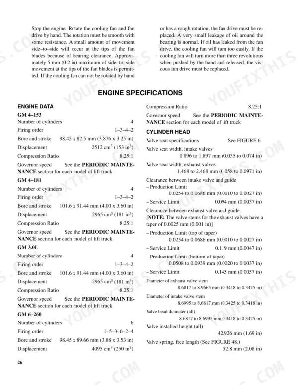 Hyster S40XL, S50XL, S60XL, S2.00XL, S2.50XL, S3.00XL engine specifications, GM engine data, and cylinder head valve clearance table.