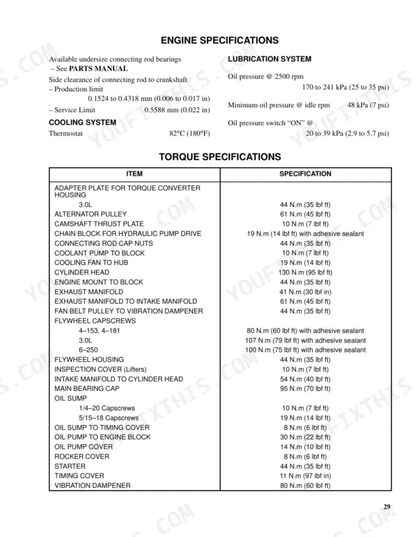 Hyster S40XL, S50XL, S60XL, S2.00XL, S2.50XL, S3.00XL engine and lubrication system specifications and torque settings table.