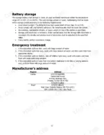 hyster-t3-0ut-sit-drive-electric-tow-tractor-operator-manual-4279903-maintenance-17.webp Hyster T3.0UT battery storage guidelines, emergency electrolyte spill treatment procedures, and manufacturer address table.