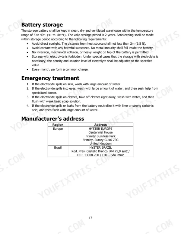 Hyster T3.0UT battery storage guidelines, emergency electrolyte spill treatment procedures, and manufacturer address table.