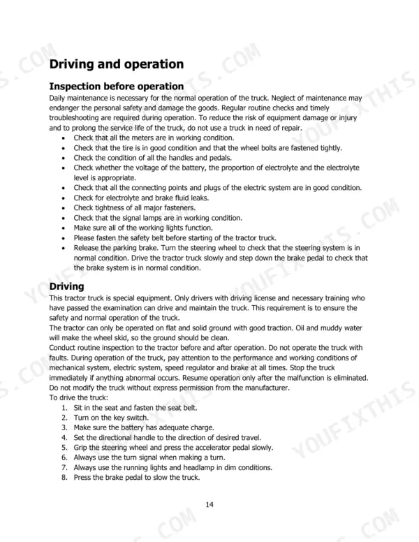 hyster-t3-0ut-sit-drive-electric-tow-tractor-operator-manual-4279903-operations-14.webp Hyster T3.0UT operator manual page 14 covering pre-operation inspection procedures and driving instructions for the tractor truck.