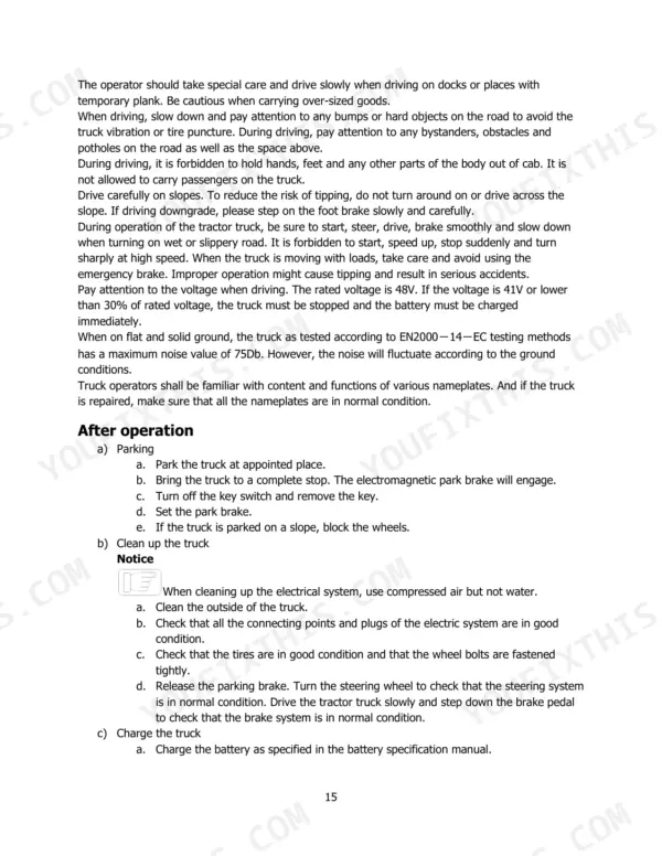 Hyster T3.0UT operator manual page 15 covering driving safety, parking procedures, truck cleaning, and battery charging instructions.