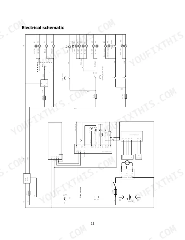 hyster-t3-0ut-sit-drive-electric-tow-tractor-service-manual-4279936-wiring-21.webp Hyster T3.0UT electrical schematic showing lighting, horn, traction controller, battery, and fuse connections.