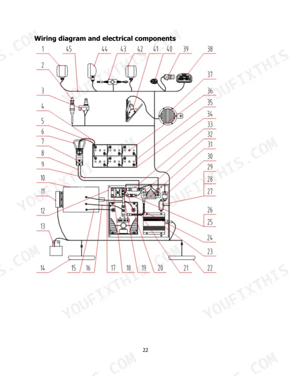 Hyster T3.0UT wiring diagram showing electrical components, battery bank, controller, and lighting system connections.
