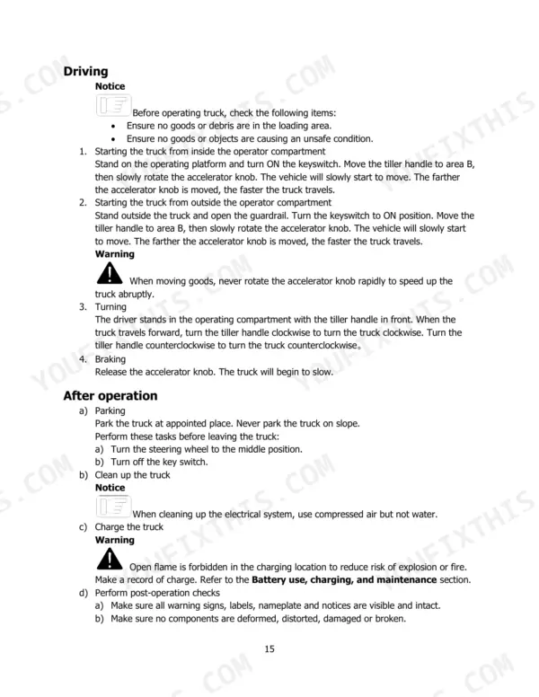 Hyster T3.0UTS operator manual page 15 covering driving, starting, turning, braking, and after-operation parking procedures.