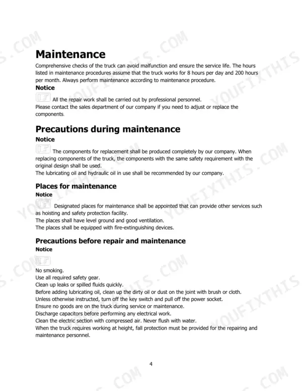 Hyster T3.0UTS maintenance manual page detailing safety precautions, repair environment requirements, and service procedures.