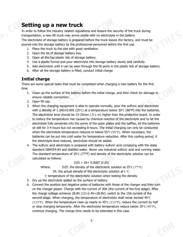 Hyster T3.0UTS procedures for setting up a new truck battery, electrolyte filling, and initial charging instructions.