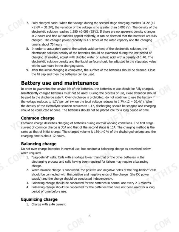 Hyster T3.0UTS battery maintenance procedures, including initial, common, balancing, and equalizing charge instructions.