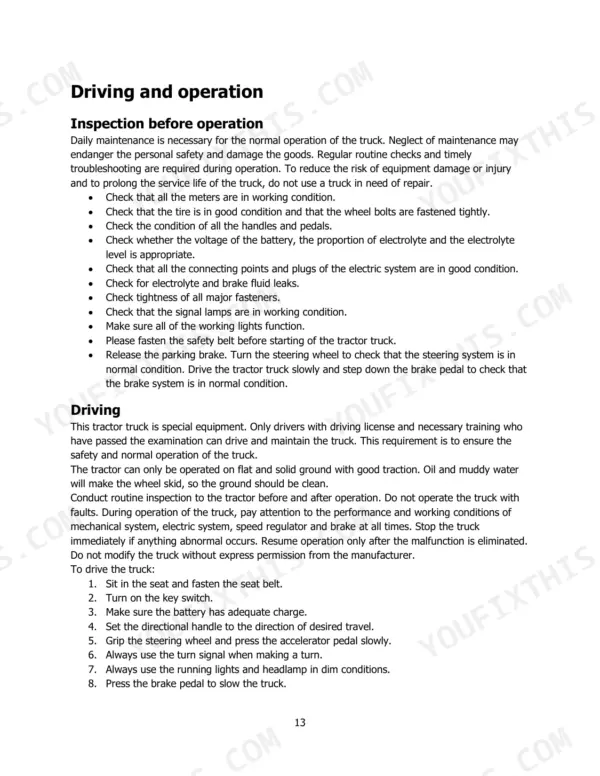 Hyster T6.0UT (A3C7) operator manual page covering pre-operation inspection procedures and driving instructions.