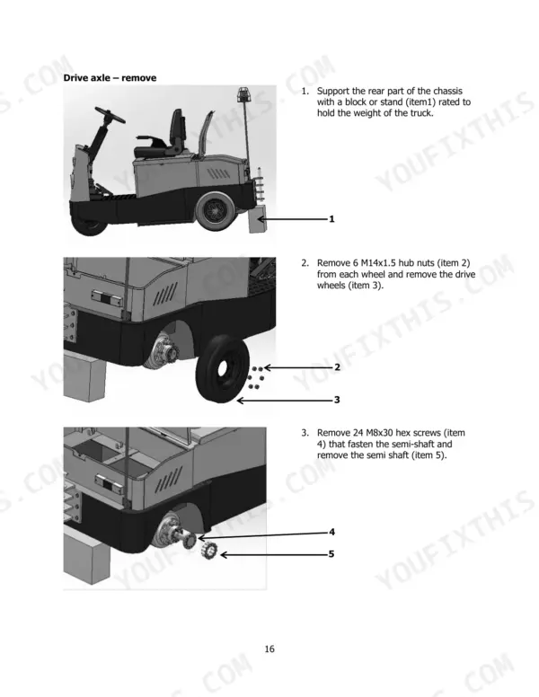 Hyster T6.0UT drive axle removal procedure showing wheel, hub nut, and semi-shaft removal steps.