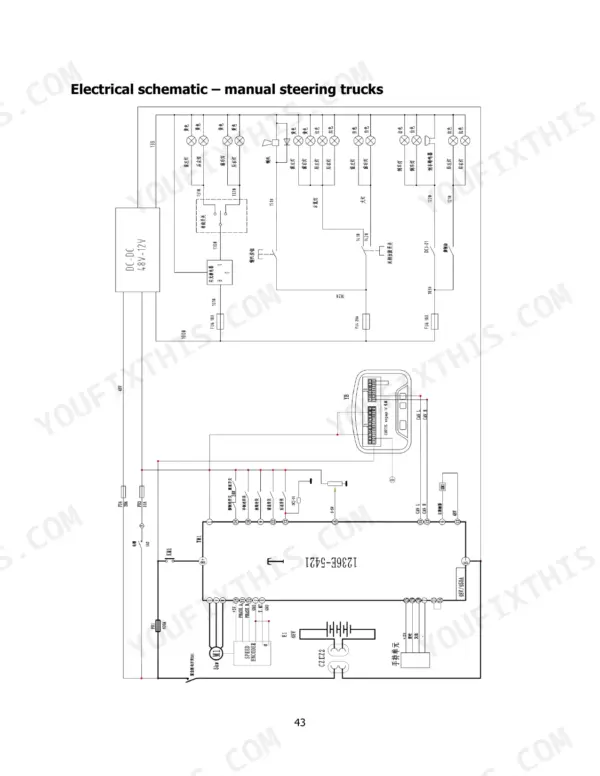 Hyster T6.0UT electrical schematic for manual steering trucks showing DC-DC converter, Curtis controller, and lighting circuits.