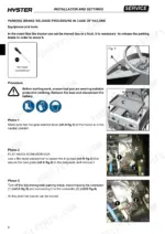 Hyster T7.0HS3, T8.0HS4 parking brake release procedure showing load plate removal and electromagnetic brake connector steps.