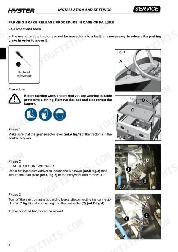 Hyster T7.0HS3, T8.0HS4 parking brake release procedure showing load plate removal and electromagnetic brake connector steps.