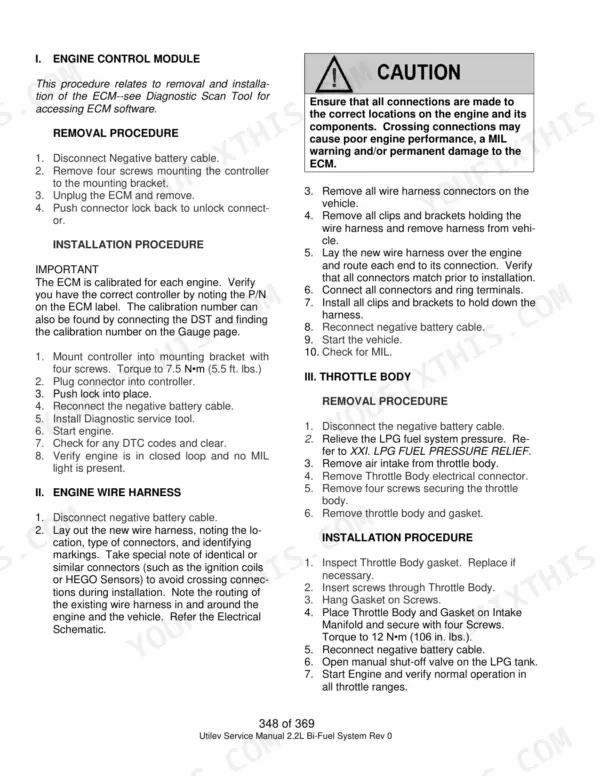 Utilev Mazda 2.2L service manual: ECM, engine wire harness, and throttle body removal and installation procedures.