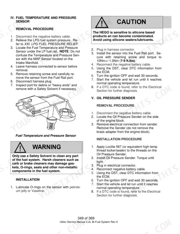 Utilev Mazda 2.2L fuel temperature and pressure sensor and oil pressure sender removal and installation procedures.