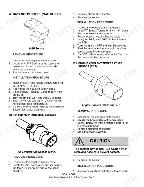 Utilev Mazda 2.2L service manual: removal and installation procedures for MAP, IAT, and ECT sensors with component diagrams.