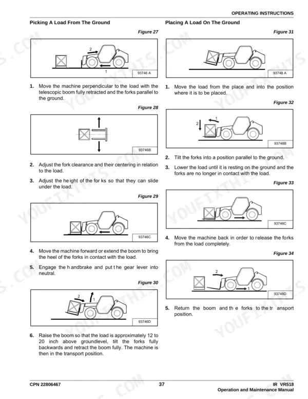 Ingersoll-Rand VR518 operating procedures for picking up and placing a load with diagrams 27-34.