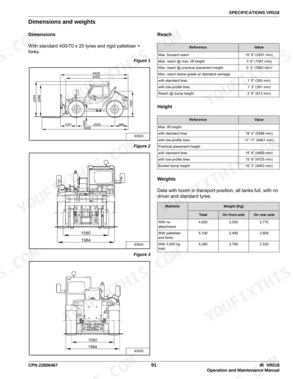 Ingersoll-Rand VR518 specifications table for dimensions, reach, height, and weights with machine diagrams.