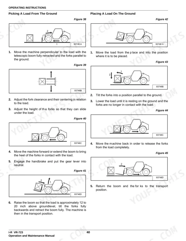 Ingersoll-Rand VR723, VR530C operating instructions for picking up and placing a load with diagrams and step-by-step procedures.