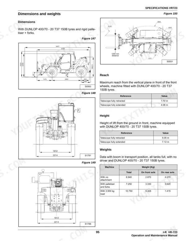 Ingersoll-Rand VR723, VR530C specifications page showing machine dimensions, reach, height, and weight tables with diagrams.