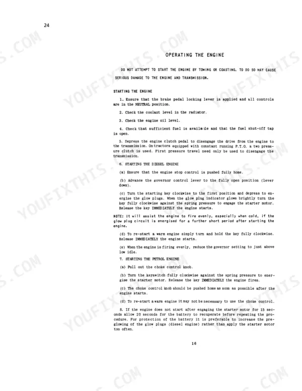 International Harvester B-275 operator manual page detailing engine starting procedures for diesel and petrol engines.