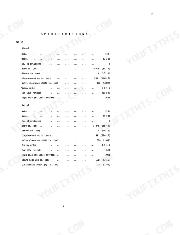 International Harvester B-275 engine specifications table for diesel BD-144 and petrol BC-144 engines.