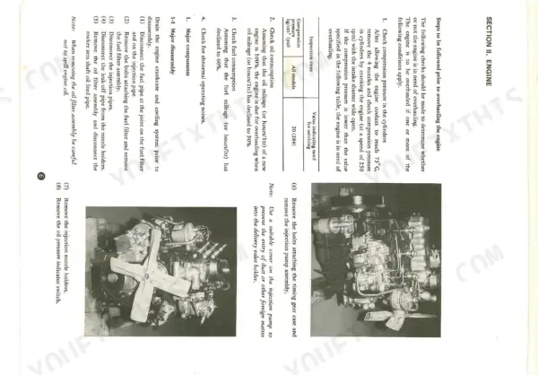 Iseki TS3510, TS4010, TS4510 engine overhaul inspection procedures, compression pressure table, and disassembly steps.