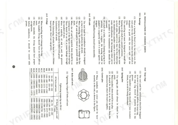 Iseki TS3510, TS4010, TS4510 service manual page for common parts installation, oil seal procedures, and bolt torque specification table.