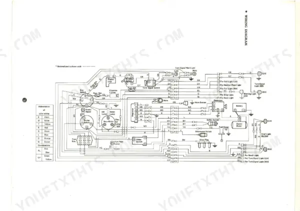 iseki-ts3510-ts4010-ts4510-tractor-service-manual-wiring-162.webp Iseki TS3510, TS4010, TS4510 complete electrical wiring diagram including fuse box, switches, lights, and color codes.