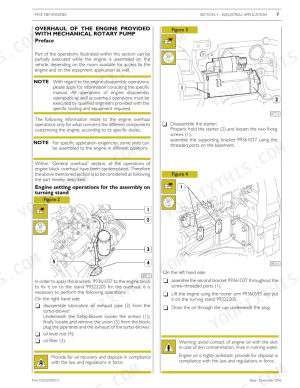 New Holland TV6070 Iveco 6.7L F4CE NEF engine overhaul procedures, starter removal, and engine stand mounting diagrams.