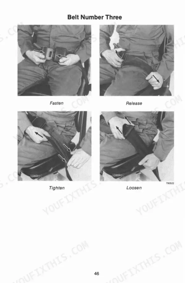 J I Case 580E, 580SE operator manual showing procedures to fasten, release, tighten, and loosen the seat belt number three.