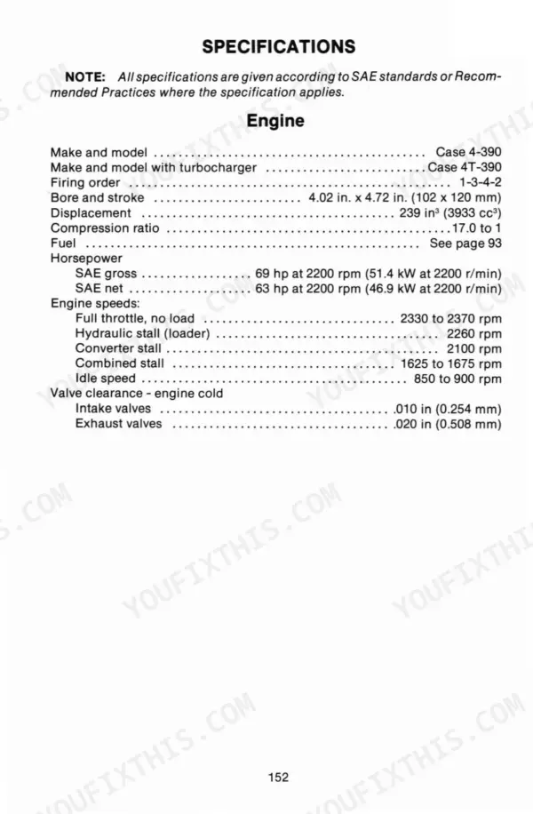 J I Case 580E, 580SE engine specifications table including bore, stroke, displacement, horsepower, and valve clearances.