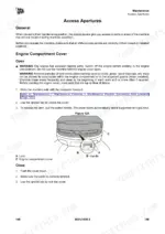 jcb-100-c-1-90-z-1-compact-excavator-operator-manual-9831-1000-procedures-158.webp JCB 100 C-1, 90 Z-1 maintenance procedure for opening and closing the engine compartment cover with diagram of lock and handle.