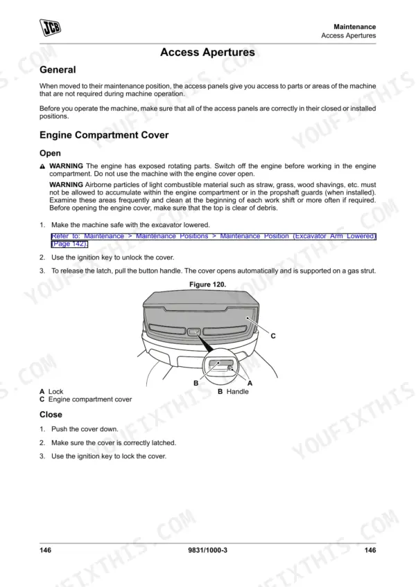 JCB 100 C-1, 90 Z-1 maintenance procedure for opening and closing the engine compartment cover with diagram of lock and handle.