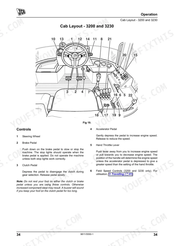 jcb-3200-3230-3200-plus-3230-plus-fastrac-operator-manual-9811-5550-controls-44.webp JCB Fastrac 3200 & 3230 cab layout diagram showing operator controls, pedals, and throttle lever.