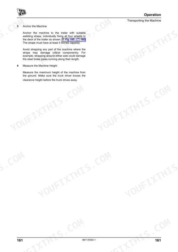 JCB Fastrac 3200 & 3230 operation manual page for transporting the machine and anchoring procedures.