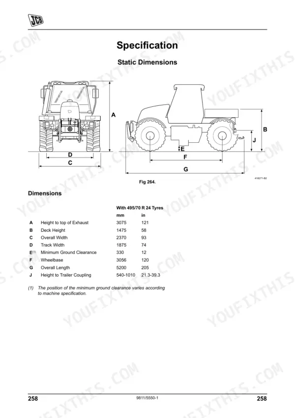JCB Fastrac 3200 & 3230 static dimensions diagram and specification table for 495/70 R 24 tyres.