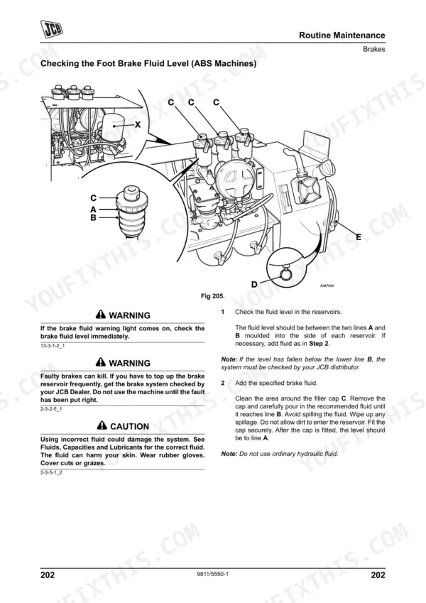 JCB Fastrac 3200 & 3230 maintenance procedure for checking ABS foot brake fluid reservoir levels.