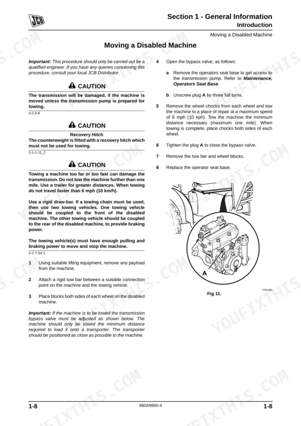 JCB 515-40 service manual procedure for moving a disabled machine, including transmission bypass valve adjustment diagram.