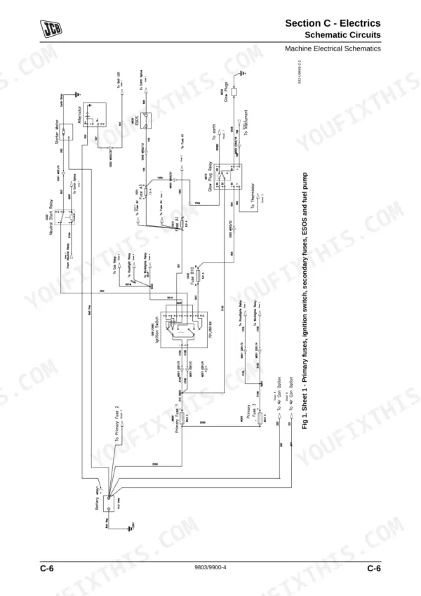 jcb-515-40-loadall-service-manual-9803-9900-4-wiring-285.webp JCB 515-40 electrical schematic showing ignition switch, primary fuses, ESOS, glow plug relay, and starter motor circuits.