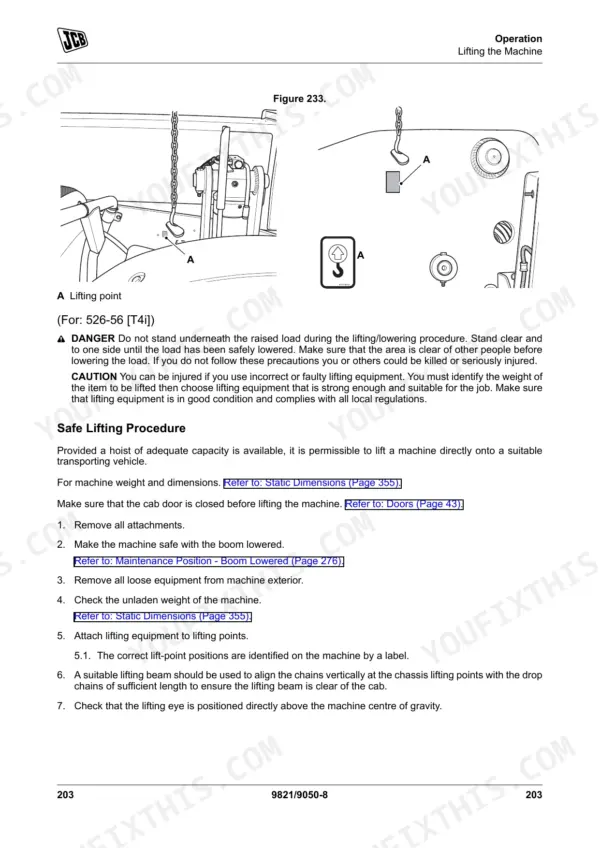 JCB 526-56...560-80 manual page showing safe lifting procedure, machine lifting points, and safety warnings for hoisting the telehandler.